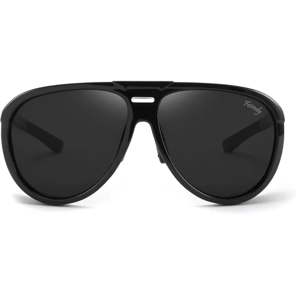 FEISEDY Polarized Aviator Sunglasses Men Women Oversized Round Steampunk Sunglasses Side Shield Goggles B0095Black Frame  Grey Lens