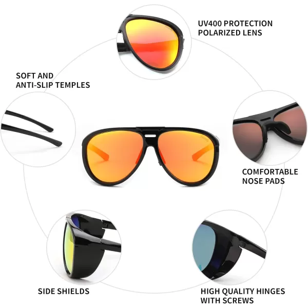 FEISEDY Polarized Aviator Sunglasses Men Women Oversized Round Steampunk Sunglasses Side Shield Goggles B0095Black Frame  Red Mirror Lens