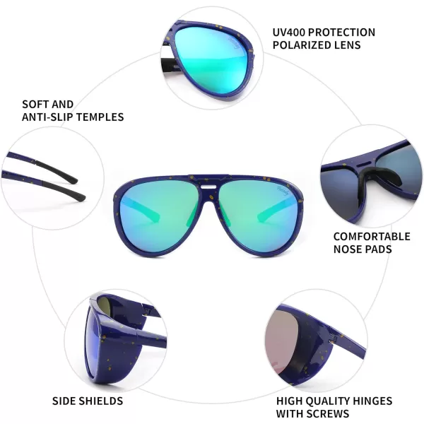 FEISEDY Polarized Aviator Sunglasses Men Women Oversized Round Steampunk Sunglasses Side Shield Goggles B0095Blue Frame  Green Mirror Lens