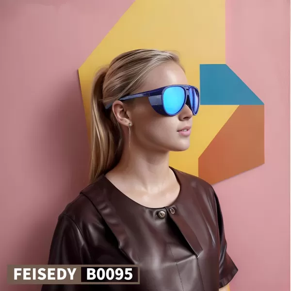 FEISEDY Polarized Aviator Sunglasses Men Women Oversized Round Steampunk Sunglasses Side Shield Goggles B0095Blue Frame  Green Mirror Lens