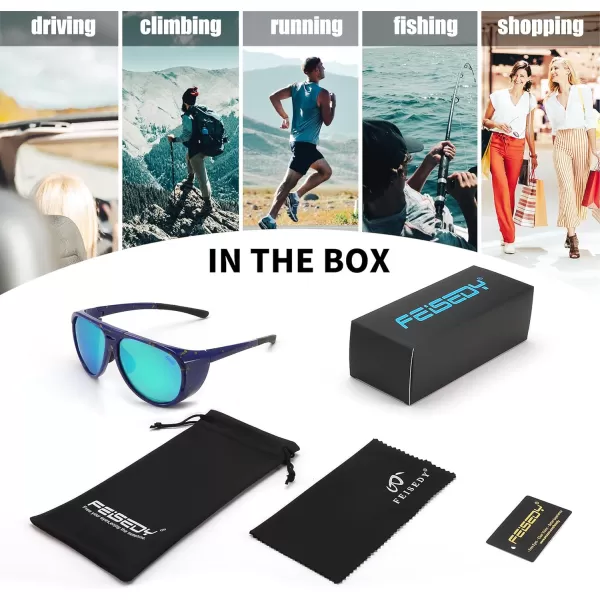FEISEDY Polarized Aviator Sunglasses Men Women Oversized Round Steampunk Sunglasses Side Shield Goggles B0095Blue Frame  Green Mirror Lens