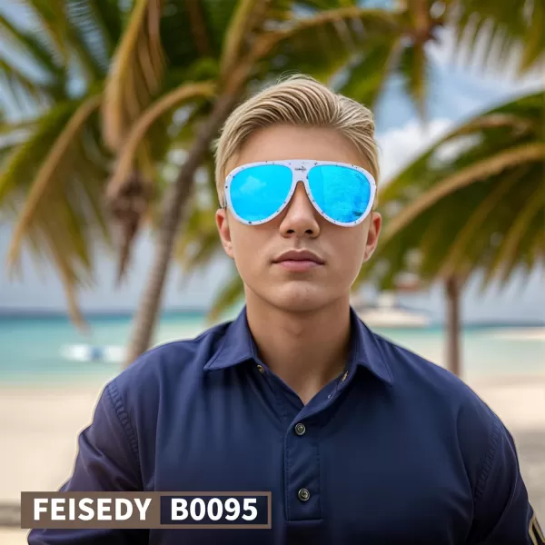 FEISEDY Polarized Aviator Sunglasses Men Women Oversized Round Steampunk Sunglasses Side Shield Goggles B0095White Frame  Blue Mirror Lens