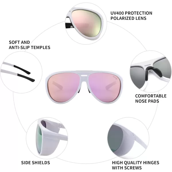 FEISEDY Polarized Aviator Sunglasses Men Women Oversized Round Steampunk Sunglasses Side Shield Goggles B0095White Frame  Pink Mirror Lens