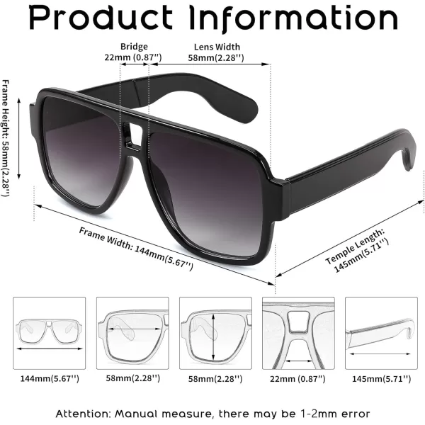FEISEDY Retro 70s Oversized Pilot Sunglasses Women Men Plastic Vintage Square Frame B2954Black