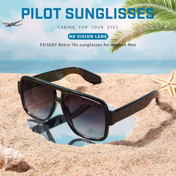 FEISEDY Retro 70s Oversized Pilot Sunglasses Women Men Plastic Vintage Square Frame B2954Black
