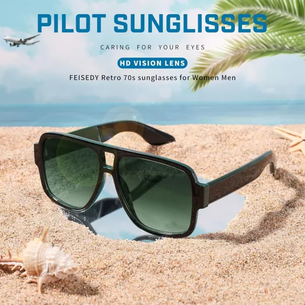FEISEDY Retro 70s Oversized Pilot Sunglasses Women Men Plastic Vintage Square Frame B2954Black Green