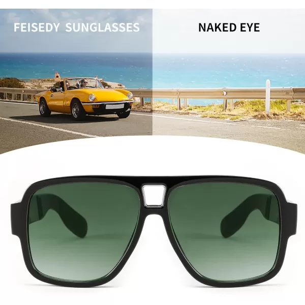 FEISEDY Retro 70s Oversized Pilot Sunglasses Women Men Plastic Vintage Square Frame B2954Black Green