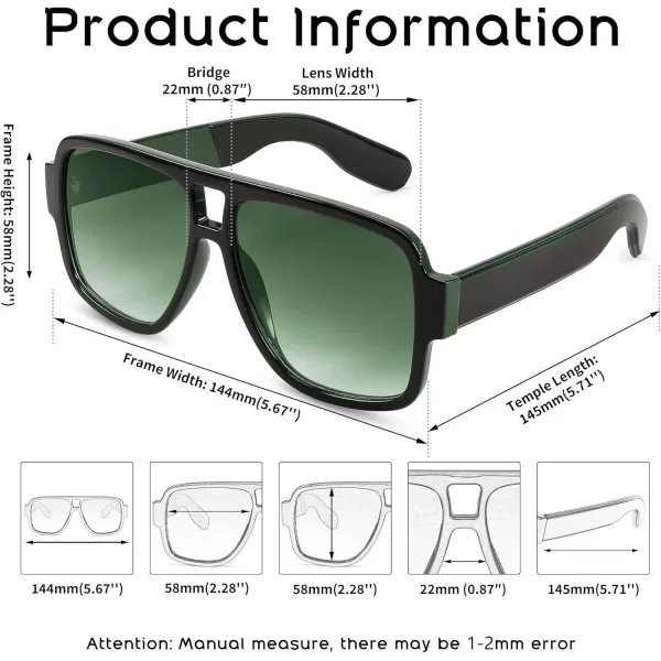 FEISEDY Retro 70s Oversized Pilot Sunglasses Women Men Plastic Vintage Square Frame B2954Black Green