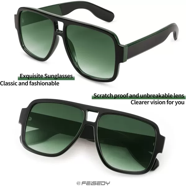 FEISEDY Retro 70s Oversized Pilot Sunglasses Women Men Plastic Vintage Square Frame B2954Black Green