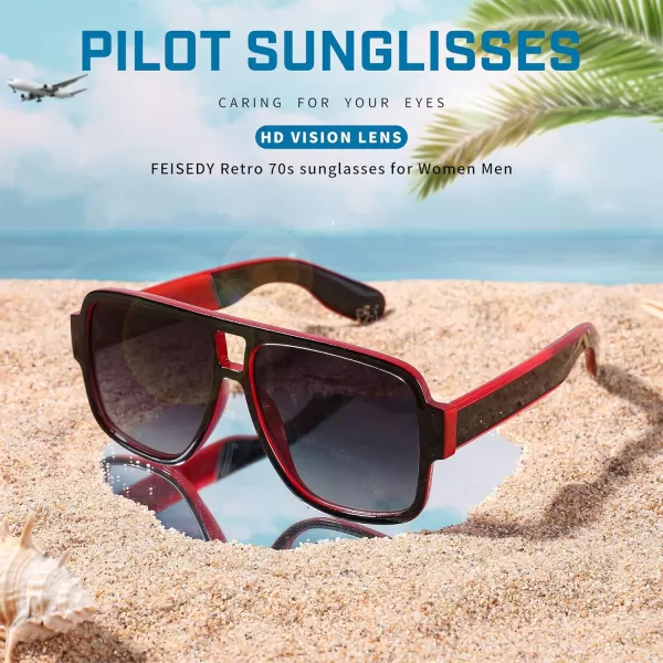 FEISEDY Retro 70s Oversized Pilot Sunglasses Women Men Plastic Vintage Square Frame B2954Black Red