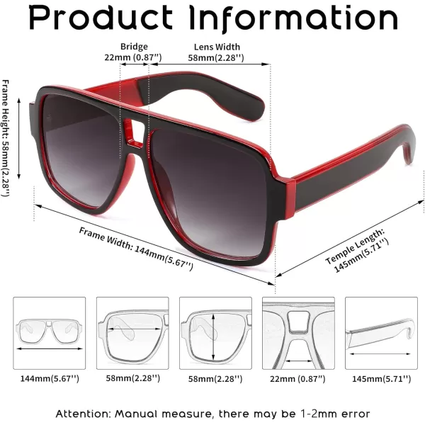 FEISEDY Retro 70s Oversized Pilot Sunglasses Women Men Plastic Vintage Square Frame B2954Black Red