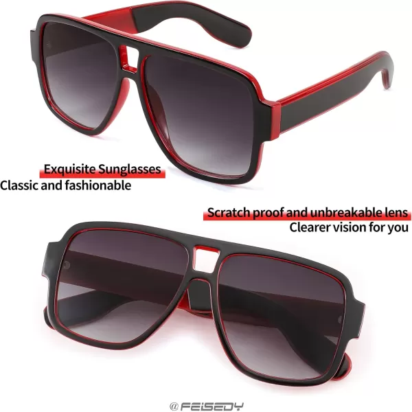 FEISEDY Retro 70s Oversized Pilot Sunglasses Women Men Plastic Vintage Square Frame B2954Black Red