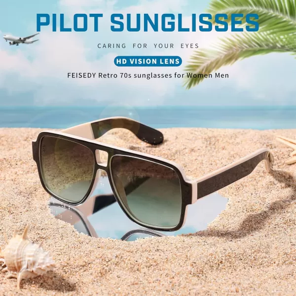 FEISEDY Retro 70s Oversized Pilot Sunglasses Women Men Plastic Vintage Square Frame B2954Black White