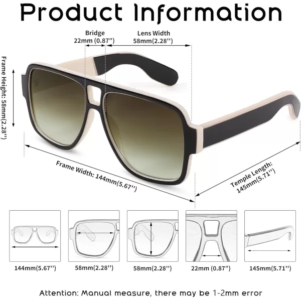 FEISEDY Retro 70s Oversized Pilot Sunglasses Women Men Plastic Vintage Square Frame B2954Black White