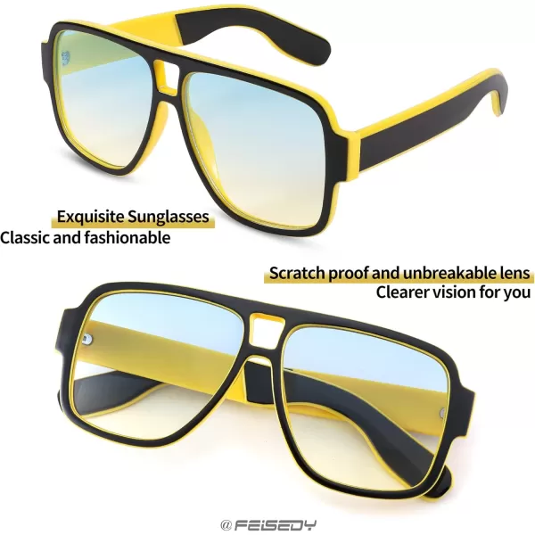 FEISEDY Retro 70s Oversized Pilot Sunglasses Women Men Plastic Vintage Square Frame B2954Black Yellow