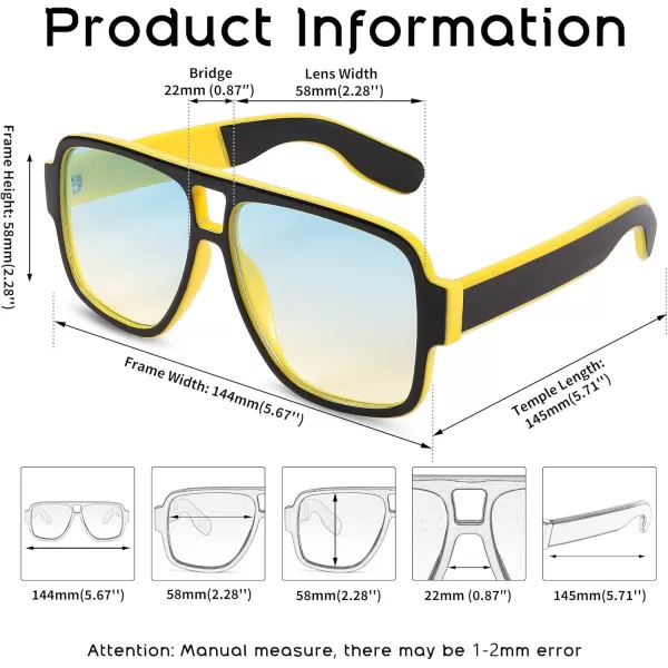 FEISEDY Retro 70s Oversized Pilot Sunglasses Women Men Plastic Vintage Square Frame B2954Black Yellow