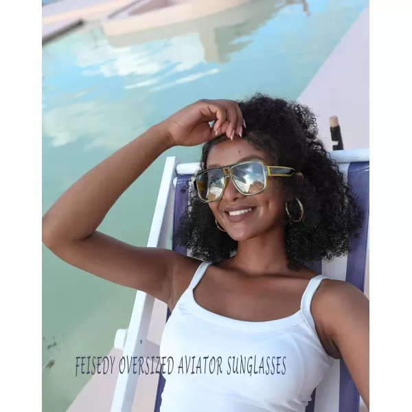 FEISEDY Retro 70s Oversized Pilot Sunglasses Women Men Plastic Vintage Square Frame B2954Black Yellow