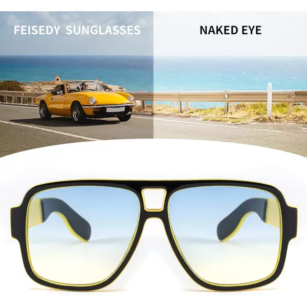 FEISEDY Retro 70s Oversized Pilot Sunglasses Women Men Plastic Vintage Square Frame B2954Black Yellow