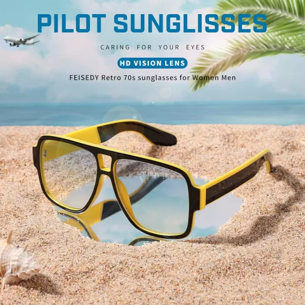 FEISEDY Retro 70s Oversized Pilot Sunglasses Women Men Plastic Vintage Square Frame B2954Black Yellow