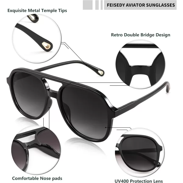 FEISEDY Retro Aviator Sunglasses Women Men Classic Square Shades Trendy Sun Glasses UV400 Protection B2394001 Black  Gradient Grey