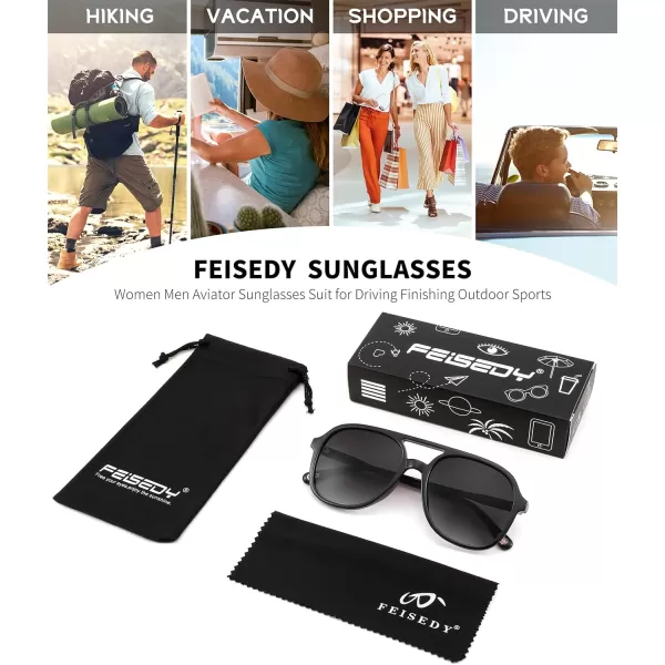 FEISEDY Retro Aviator Sunglasses Women Men Classic Square Shades Trendy Sun Glasses UV400 Protection B2394001 Black  Gradient Grey