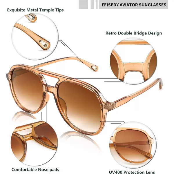 FEISEDY Retro Aviator Sunglasses Women Men Classic Square Shades Trendy Sun Glasses UV400 Protection B2394003 Brown  Gradient Tea