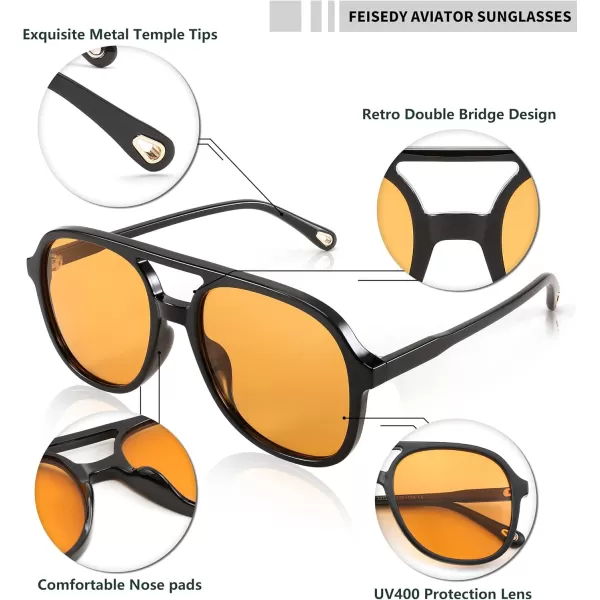 FEISEDY Retro Aviator Sunglasses Women Men Classic Square Shades Trendy Sun Glasses UV400 Protection B2394004 Black  Trendy Orange