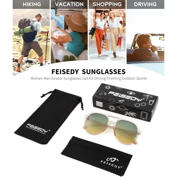 FEISEDY Retro Aviator Sunglasses Women Men Classic Square Shades Trendy Sun Glasses UV400 Protection B2394005 Transparent Pink  Blue Tea