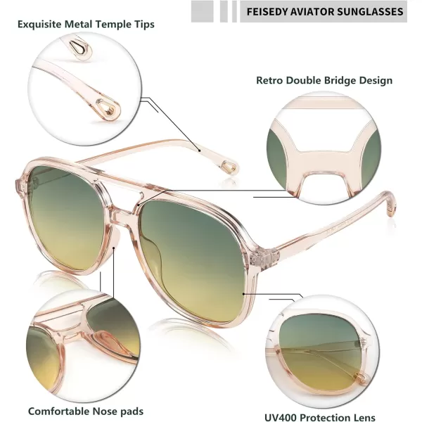 FEISEDY Retro Aviator Sunglasses Women Men Classic Square Shades Trendy Sun Glasses UV400 Protection B2394005 Transparent Pink  Blue Tea