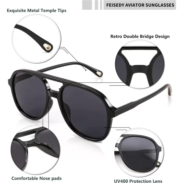 FEISEDY Retro Aviator Sunglasses Women Men Classic Square Shades Trendy Sun Glasses UV400 Protection B2394007 Black  Grey