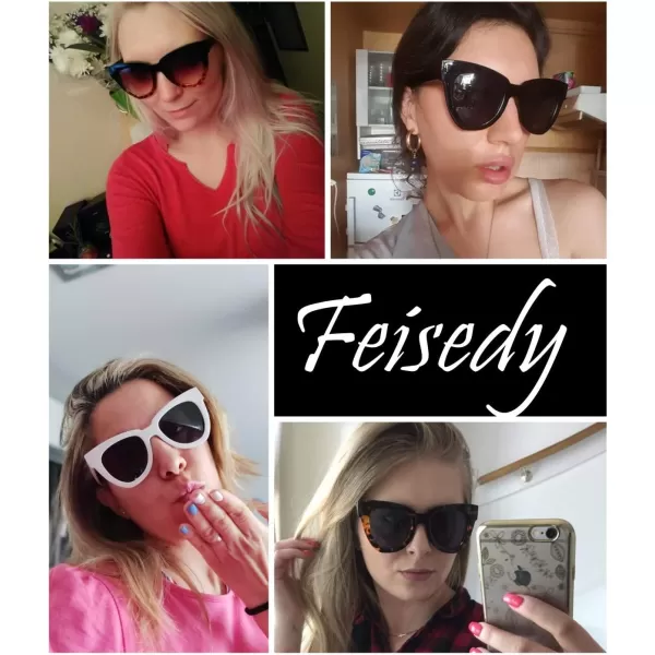 FEISEDY Retro Cat Eye Sunglasses Women Men Vintage Square Cateye UV400 Sunglasses B2586Black
