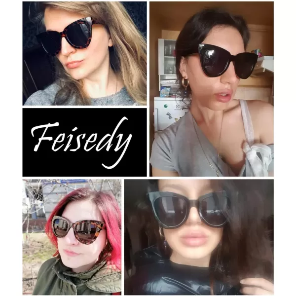 FEISEDY Retro Cat Eye Sunglasses Women Men Vintage Square Cateye UV400 Sunglasses B2586Black