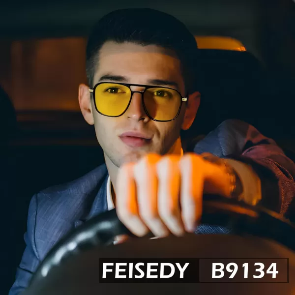 FEISEDY Retro Polarized Aviator Sunglasses Womens Men 70s Vintage Square Aviators Shades B9134Black FrameBright Yellow Lens