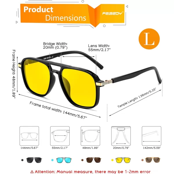 FEISEDY Retro Polarized Aviator Sunglasses Womens Men 70s Vintage Square Aviators Shades B9134Black FrameBright Yellow Lens