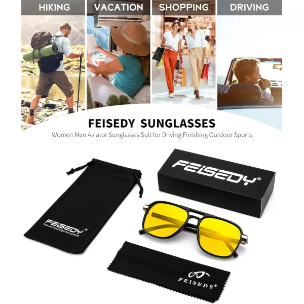 FEISEDY Retro Polarized Aviator Sunglasses Womens Men 70s Vintage Square Aviators Shades B9134Black FrameBright Yellow Lens