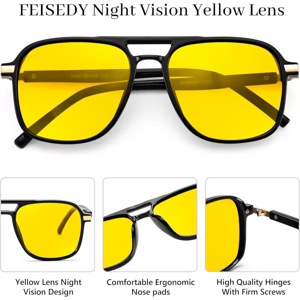 FEISEDY Retro Polarized Aviator Sunglasses Womens Men 70s Vintage Square Aviators Shades B9134Black FrameBright Yellow Lens