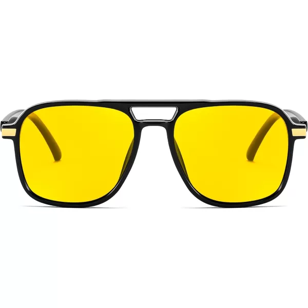 FEISEDY Retro Polarized Aviator Sunglasses Womens Men 70s Vintage Square Aviators Shades B9134Black FrameBright Yellow Lens