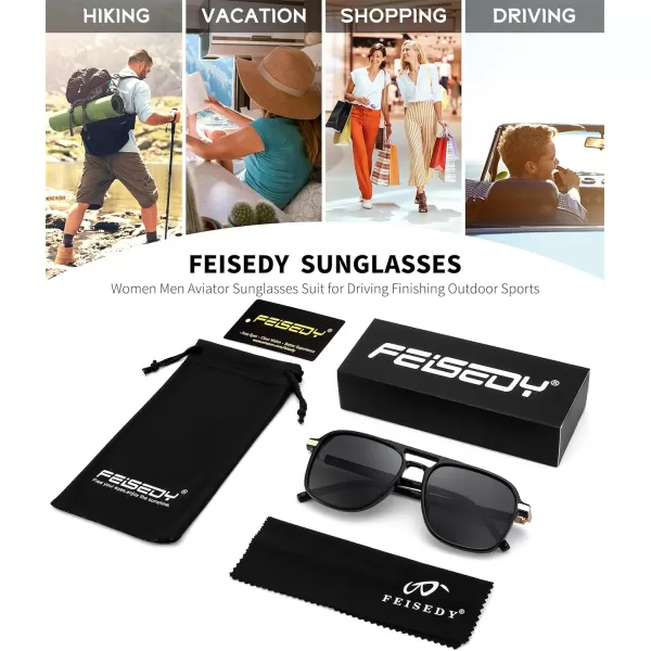 FEISEDY Retro Polarized Aviator Sunglasses Womens Men 70s Vintage Square Aviators Shades B9134Black FrameGrey Lens