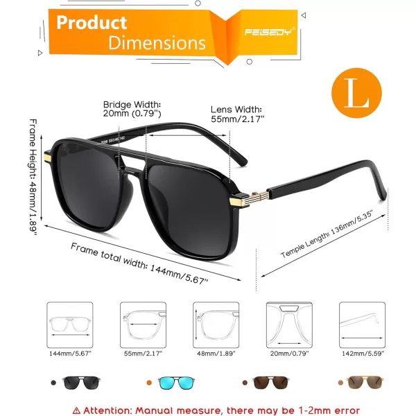 FEISEDY Retro Polarized Aviator Sunglasses Womens Men 70s Vintage Square Aviators Shades B9134Black FrameGrey Lens