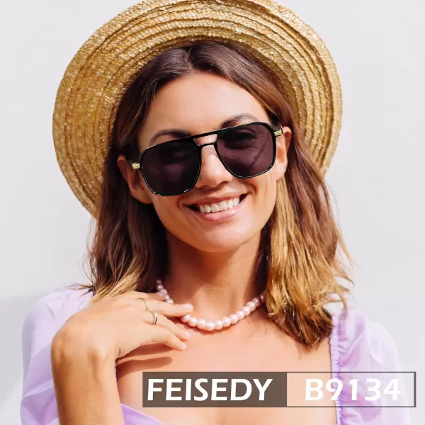 FEISEDY Retro Polarized Aviator Sunglasses Womens Men 70s Vintage Square Aviators Shades B9134Black FrameGrey Lens