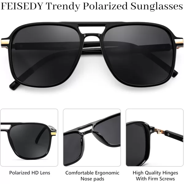 FEISEDY Retro Polarized Aviator Sunglasses Womens Men 70s Vintage Square Aviators Shades B9134Black FrameGrey Lens