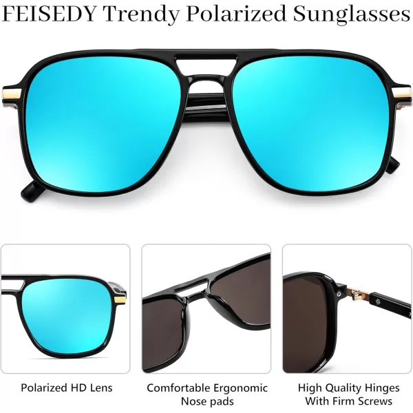 FEISEDY Retro Polarized Aviator Sunglasses Womens Men 70s Vintage Square Aviators Shades B9134Black FrameMirror Blue Lens