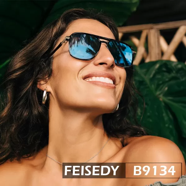 FEISEDY Retro Polarized Aviator Sunglasses Womens Men 70s Vintage Square Aviators Shades B9134Black FrameMirror Blue Lens