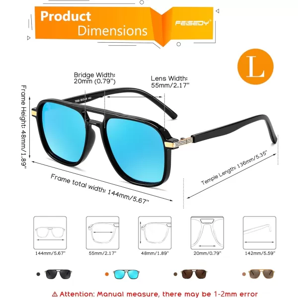 FEISEDY Retro Polarized Aviator Sunglasses Womens Men 70s Vintage Square Aviators Shades B9134Black FrameMirror Blue Lens