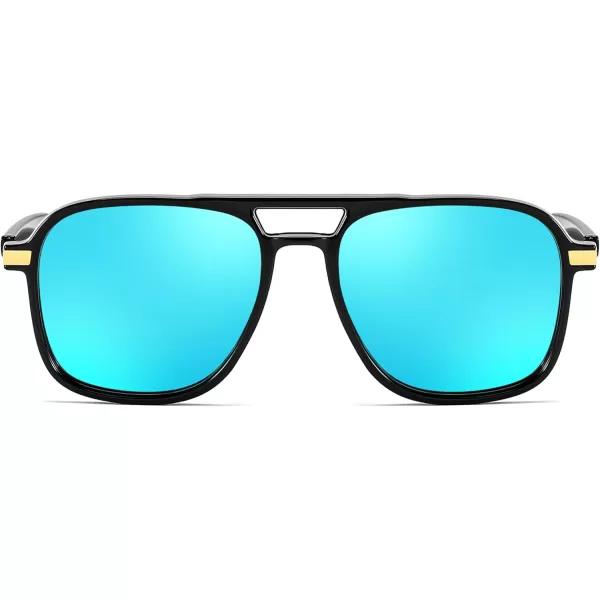 FEISEDY Retro Polarized Aviator Sunglasses Womens Men 70s Vintage Square Aviators Shades B9134Black FrameMirror Blue Lens