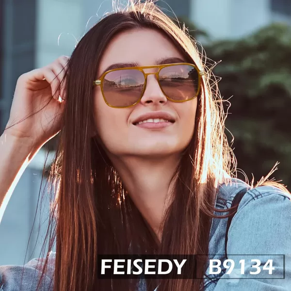 FEISEDY Retro Polarized Aviator Sunglasses Womens Men 70s Vintage Square Aviators Shades B9134Brown TempleTea Lens