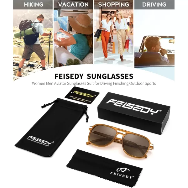 FEISEDY Retro Polarized Aviator Sunglasses Womens Men 70s Vintage Square Aviators Shades B9134Brown TempleTea Lens