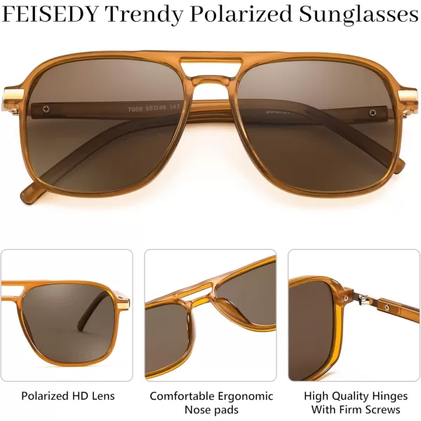 FEISEDY Retro Polarized Aviator Sunglasses Womens Men 70s Vintage Square Aviators Shades B9134Brown TempleTea Lens