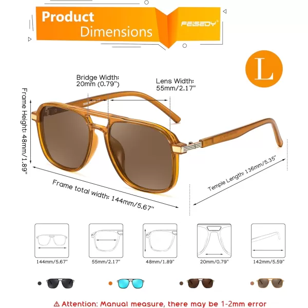 FEISEDY Retro Polarized Aviator Sunglasses Womens Men 70s Vintage Square Aviators Shades B9134Brown TempleTea Lens