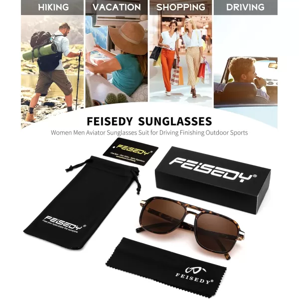 FEISEDY Retro Polarized Aviator Sunglasses Womens Men 70s Vintage Square Aviators Shades B9134Leopard TempleBrown Lens